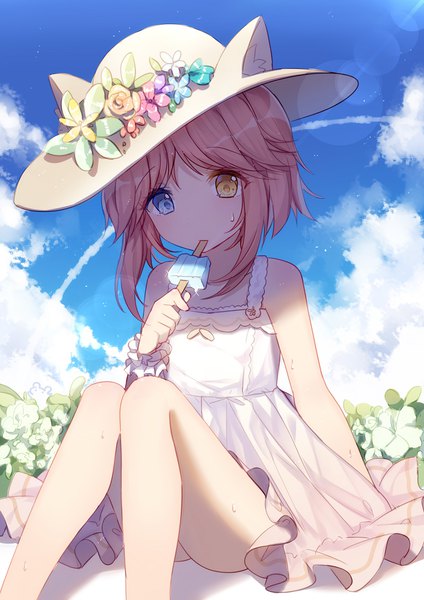 Anime picture 800x1131 with warship girls r tirpitz (warship girls r) bison cangshu single long hair tall image looking at viewer blush blue eyes light erotic sitting bare shoulders holding animal ears yellow eyes sky cloud (clouds) outdoors red hair cat ears