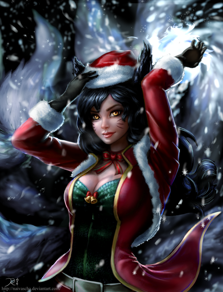 Anime picture 2160x2816 with league of legends ahri (league of legends) naivascha single long hair tall image looking at viewer fringe highres breasts smile animal ears cleavage tail lips alternate costume multiple tails girl gloves black gloves