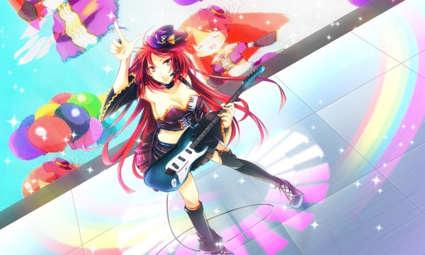 Anime picture 1280x768 with utau namine ritsu single long hair open mouth wide image yellow eyes red hair looking up ghost otoko no ko boy hat detached sleeves collar musical instrument guitar