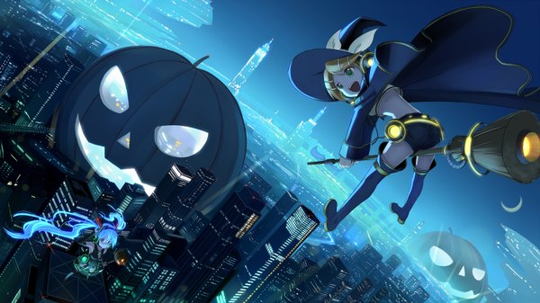 Anime picture 1600x900 with vocaloid hatsune miku kagamine rin beek (artist) long hair open mouth blonde hair wide image multiple girls green eyes aqua hair night city cityscape halloween flying witch crescent girl 2 girls