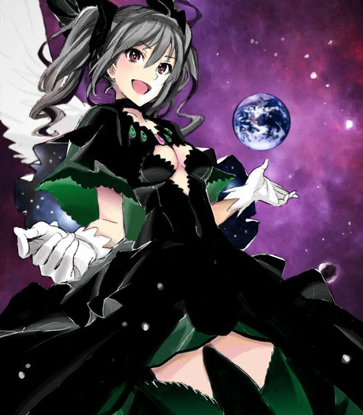Anime picture 1000x1142 with idolmaster idolmaster cinderella girls kanzaki ranko nobita (makoto7060355) single long hair tall image open mouth smile twintails silver hair drill hair curly hair girl dress gloves wings choker earth