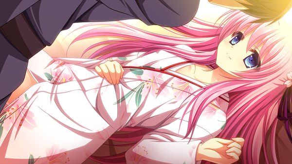 Anime picture 1280x720 with sengoku hime 4 blue eyes wide image pink hair game cg lying japanese clothes girl boy ribbon (ribbons) hair ribbon kimono