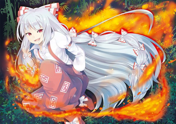 Anime picture 1000x703 with touhou fujiwara no mokou swami single looking at viewer open mouth red eyes payot silver hair bent knee (knees) very long hair hand in pocket girl bow plant (plants) hair bow flame bamboo