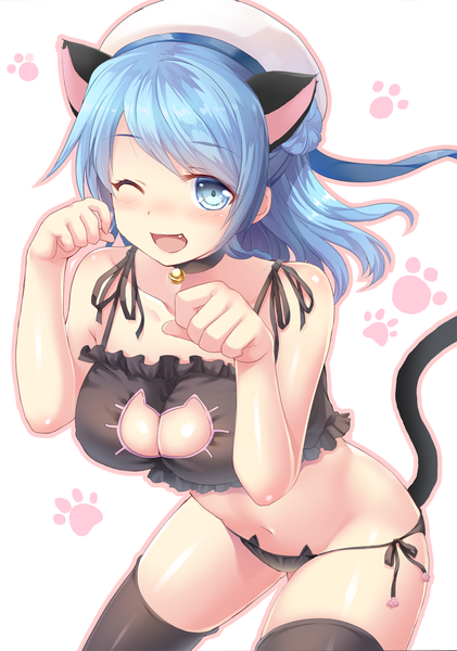 Anime picture 702x1000 with kantai collection urakaze destroyer izumi akane single long hair tall image blush breasts open mouth blue eyes light erotic large breasts white background animal ears blue hair tail animal tail one eye closed cat ears cat girl