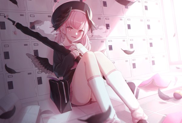 Anime picture 5165x3499 with blue archive koharu (blue archive) akazaki yukino single long hair fringe highres open mouth light erotic sitting twintails pink hair absurdres indoors pink eyes black wings head wings steam locker room girl