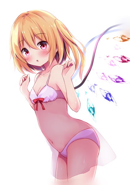 Anime picture 1441x2048 with touhou flandre scarlet hyurasan single long hair tall image looking at viewer blush fringe light erotic blonde hair hair between eyes red eyes white background arm up :o underwear only one side up girl navel