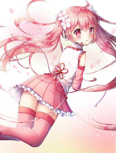 Anime picture 1191x1565 with vocaloid hatsune miku sakura miku loran (artist) single tall image looking at viewer blush fringe simple background hair between eyes twintails payot pink hair ahoge bent knee (knees) very long hair pleated skirt pink eyes looking back