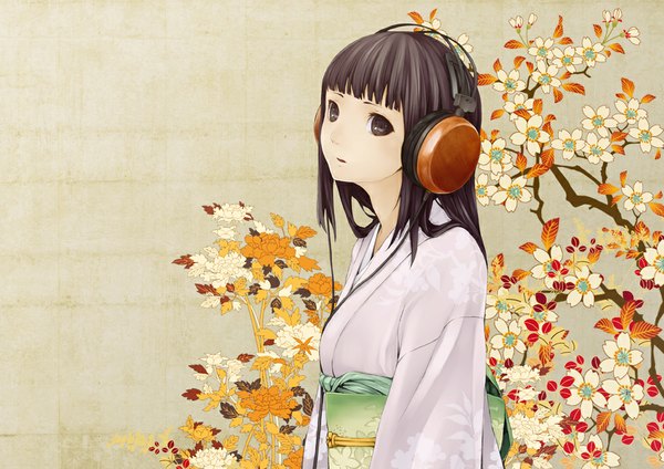 Anime picture 1000x707 with original kanden single long hair looking at viewer fringe open mouth black hair traditional clothes japanese clothes black eyes girl flower (flowers) plant (plants) headphones obi yukata