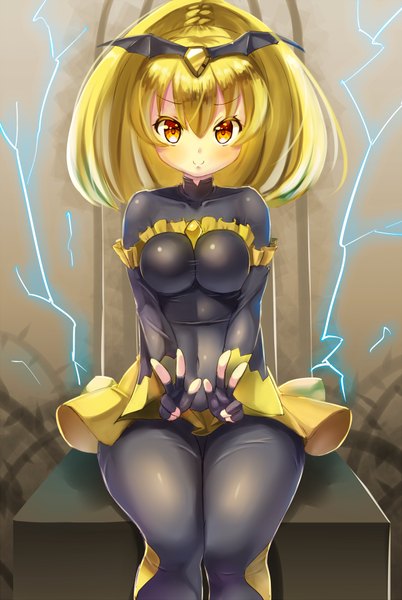 Anime picture 604x900 with precure smile precure! toei animation bad end peace kazo long hair tall image looking at viewer blush fringe breasts light erotic blonde hair smile sitting grey background orange eyes electricity girl skirt