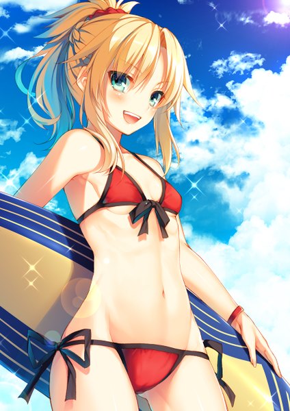 Anime picture 868x1228 with fate (series) fate/grand order fate/apocrypha mordred (fate) mordred (swimsuit rider) (fate) toosaka asagi single long hair tall image looking at viewer blush fringe breasts open mouth light erotic blonde hair smile hair between eyes standing holding