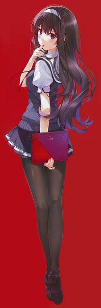 Anime picture 3806x11500 with saenai heroine no sodatekata a-1 pictures kasumigaoka utaha misaki kurehito single long hair tall image looking at viewer blush fringe highres open mouth black hair red eyes standing absurdres head tilt looking back wind from behind