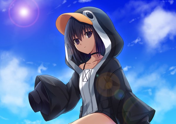 Anime picture 2339x1654 with fate (series) fate/grand order mahou tsukai no yoru meltryllis (fate) meltryllis (swimsuit lancer) (fate) meltryllis (swimsuit lancer) (first ascension) (fate) kuonji alice morokoshi (tekku) single looking at viewer fringe highres short hair hair between eyes standing purple eyes sky purple hair cloud (clouds) outdoors