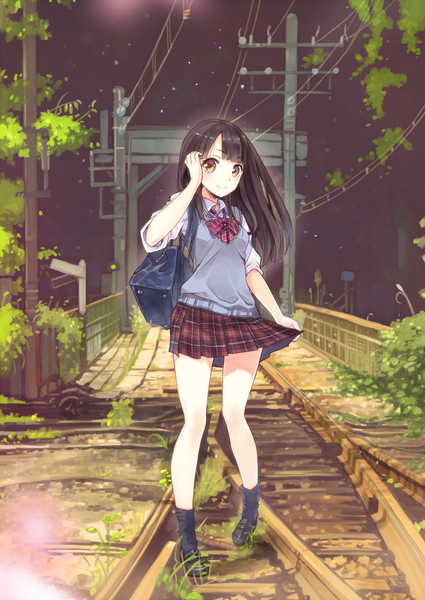 Anime picture 680x960 with original umeboshitora single long hair tall image looking at viewer blush fringe black hair smile standing holding brown eyes blunt bangs pleated skirt night night sky adjusting hair plaid skirt twisty sleeves