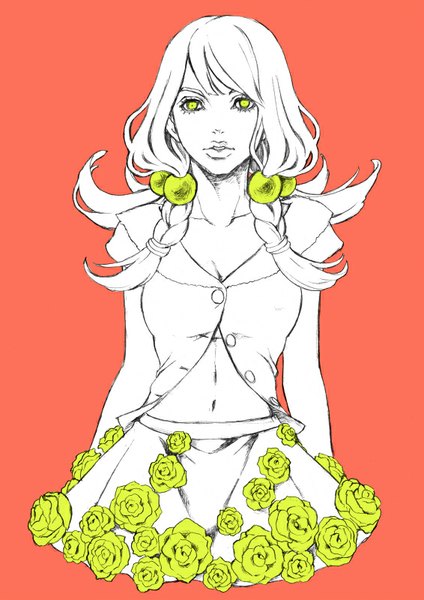 Anime picture 566x800 with jojo no kimyou na bouken jojolion hirose yasuho chounorin single long hair tall image fringe simple background looking away braid (braids) bare belly monochrome red background spot color girl skirt navel hair ornament flower (flowers)