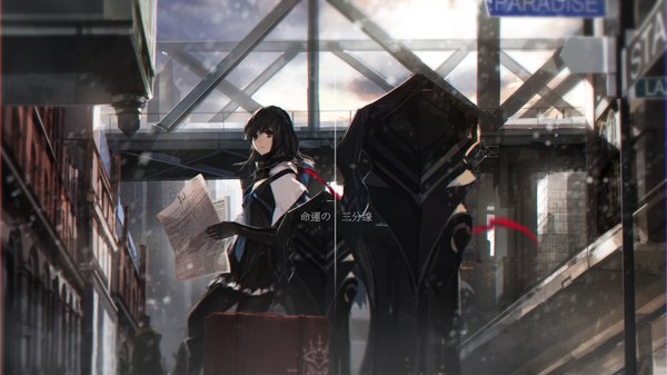 Anime picture 1889x1062 with original paradise (character) swd3e2 single long hair looking at viewer highres black hair wide image holding brown eyes signed inscription city hieroglyph scenic girl dress pantyhose building (buildings)