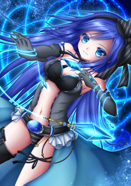 Anime picture 850x1202 with original shitou single long hair tall image looking at viewer breasts blue eyes light erotic blue hair midriff girl gloves navel underwear panties bow hair bow elbow gloves crystal