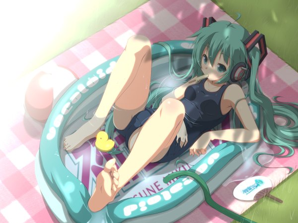 Anime picture 1200x900 with vocaloid hatsune miku yuzuki kei light erotic twintails green eyes green hair girl swimsuit food sweets one-piece swimsuit ice cream school swimsuit