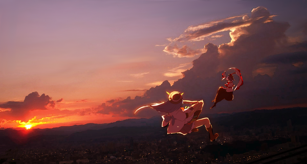 Anime picture 1918x1024 with touhou hinanawi tenshi nagae iku long hair highres wide image multiple girls sky cloud (clouds) from behind evening sunset scenic weightlessness falling girl 2 girls hat sun