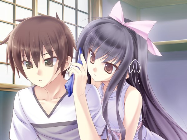 イラスト 1024x768 と なでしこドリップ 高千穂 柚希 長髪 短い髪 黒髪 茶目 game cg 女の子 男性 ちょう結び ヘア蝶結び 携帯