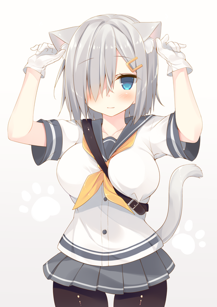 Anime picture 1447x2046 with kantai collection hamakaze destroyer miko (royal milk) single tall image looking at viewer blush fringe short hair breasts blue eyes light erotic simple background hair between eyes large breasts white background animal ears tail animal tail pleated skirt