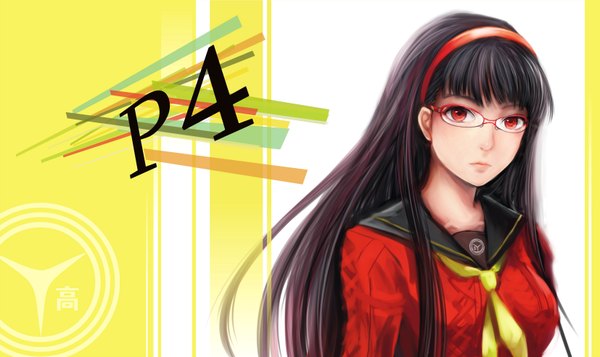Anime picture 3307x1972 with persona 4 persona amagi yukiko moekyon single long hair looking at viewer highres black hair red eyes wide image absurdres realistic girl uniform school uniform glasses hairband