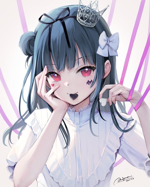 Anime picture 2961x3684 with love live! sunshine!! sunrise (studio) love live! tsushima yoshiko mignon single long hair tall image looking at viewer fringe highres simple background red eyes holding signed blue hair upper body blunt bangs hair bun (hair buns) mouth hold