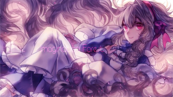 Anime picture 1245x700 with kagerou project vocaloid shaft (studio) mary (kagerou project) yasiromann single looking at viewer fringe smile wide image purple hair lying very long hair pink eyes wavy hair glow girl dress ribbon (ribbons) hair ribbon