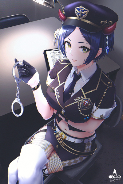 Anime picture 1068x1600 with idolmaster idolmaster cinderella girls hayami kanade infinote single tall image looking at viewer fringe short hair breasts smile sitting holding yellow eyes blue hair indoors horn (horns) from above short sleeves midriff