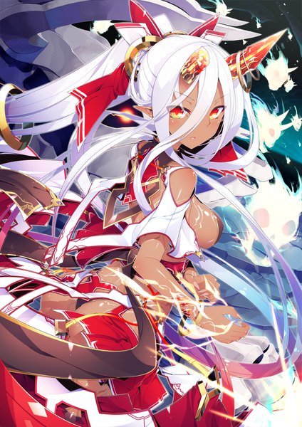 Anime picture 1061x1500 with original ichiyan (artist) single long hair tall image looking at viewer blush fringe breasts light erotic hair between eyes red eyes bare shoulders payot ass white hair ponytail parted lips pleated skirt horn (horns)