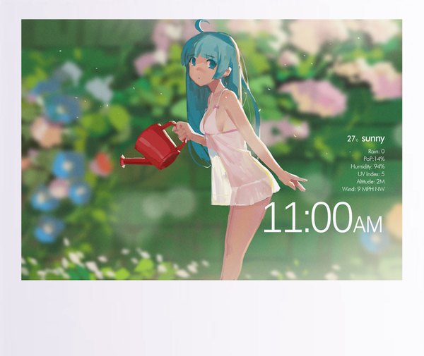 Anime picture 1059x893 with original hjl single long hair looking at viewer light erotic standing bare shoulders holding payot blue hair ahoge aqua eyes blurry aqua hair bare legs :o leaning leaning forward sleeveless