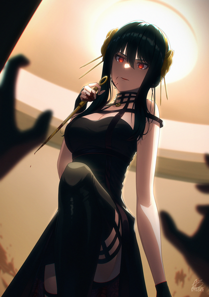 Anime picture 2894x4093 with spy x family yor briar acrylicstroke0205 long hair tall image fringe highres black hair hair between eyes red eyes bare shoulders holding bent knee (knees) indoors parted lips blurry from below sleeveless glowing light