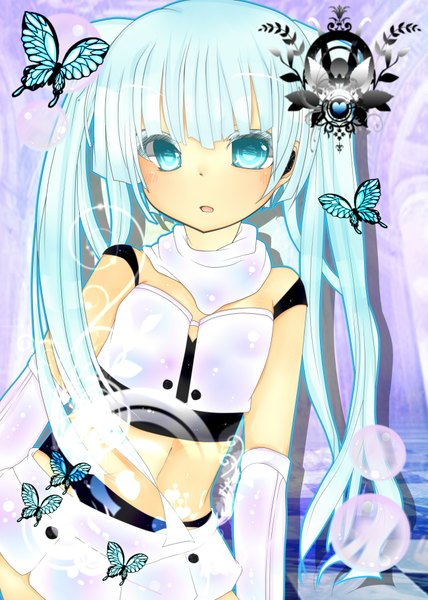 Anime picture 1300x1824 with vocaloid hatsune miku sakuragi yuzuki single long hair tall image twintails bare shoulders aqua eyes aqua hair loli girl skirt miniskirt insect butterfly bubble (bubbles)