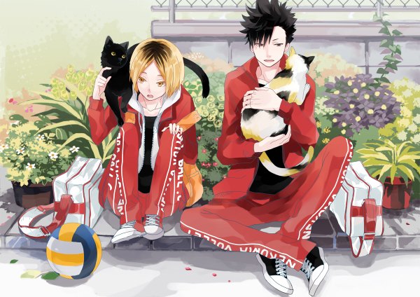 Anime picture 1200x848 with haikyuu!! production i.g kuroo tetsurou kozume kenma michi (iawei) short hair open mouth black hair blonde hair sitting brown eyes yellow eyes multicolored hair two-tone hair multiple boys spiked hair animal on shoulder volleyball boy flower (flowers)