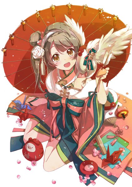 Anime picture 1271x1800 with love live! school idol project sunrise (studio) love live! minami kotori hekicha single tall image looking at viewer blush open mouth simple background white background sitting holding brown eyes traditional clothes :d japanese clothes from above grey hair