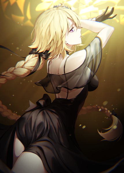 Anime picture 2500x3500 with fate (series) fate/grand order fate/apocrypha jeanne d'arc (fate) (all) jeanne d'arc (formal dress) (fate) penguin say single tall image highres blonde hair purple eyes braid (braids) very long hair profile from behind single braid girl dress gloves bow