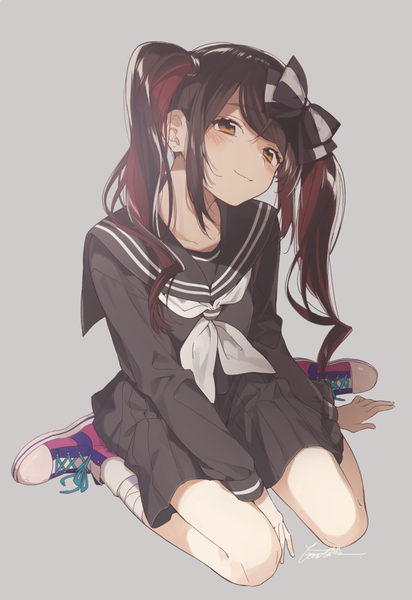 Anime picture 688x1000 with original buuta single long hair tall image blush fringe black hair simple background smile sitting twintails brown eyes payot full body red hair long sleeves head tilt pleated skirt multicolored hair