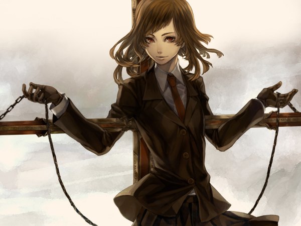 Anime picture 1265x950 with original comin (artist) short hair red eyes brown hair skirt gloves cross suit