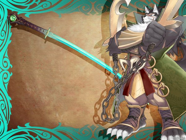 Anime picture 1280x960 with shining (series) shining tears shining wind tony taka standing holding inscription official art shadow wallpaper weapon animal armor chain huge weapon claws