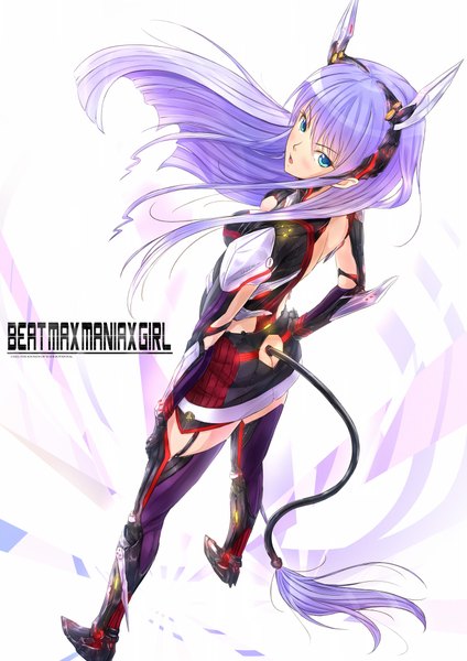 Anime picture 1446x2046 with original kazeno single long hair tall image fringe blue eyes purple hair ass tail looking back girl thighhighs boots