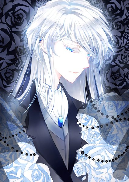 Anime picture 707x1000 with card captor sakura clamp yue (cardcaptor sakura) flyn single long hair tall image looking at viewer blue eyes upper body white hair turning head portrait boy flower (flowers) rose (roses) beads blazer neckerchief brooch