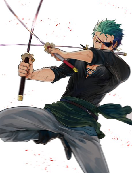 Anime picture 715x935 with one piece toei animation roronoa zoro yuu (1969loy) single tall image short hair simple background red eyes white background holding looking away bent knee (knees) green hair blurry mouth hold scar lacing covered mouth jumping