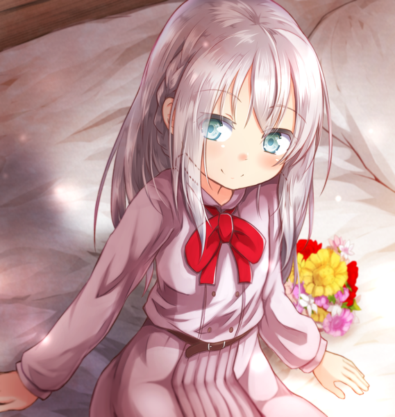 Anime picture 1071x1129 with uchi no musume no tame naraba ore wa moshikashitara maou mo taoseru kamo shirenai latina (uchi no musume no tame naraba) baram single long hair tall image looking at viewer blush fringe smile hair between eyes sitting silver hair indoors braid (braids) long sleeves aqua eyes from above loli side braid