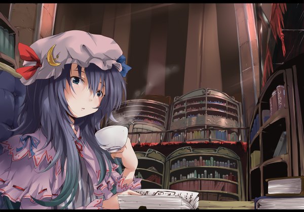Anime picture 1440x1007 with touhou patchouli knowledge nejime long hair indoors aqua eyes grey hair girl book (books) bonnet cup library