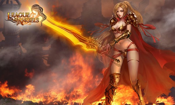 Anime picture 1000x600 with league of angels imperial (league of angels) tagme (artist) single looking at viewer breasts blue eyes light erotic brown hair wide image holding bent knee (knees) ponytail wind lips copyright name legs smoke glowing weapon girl