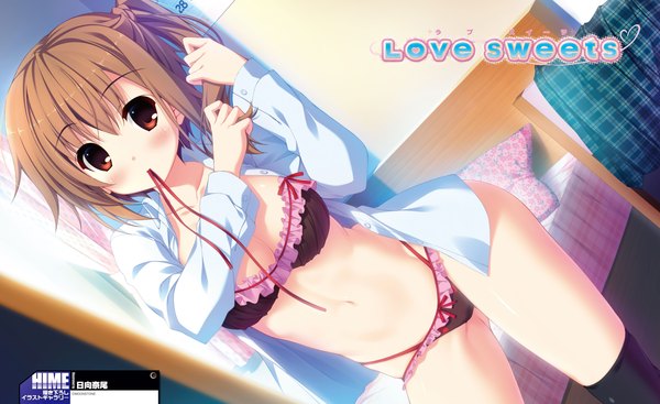 Anime picture 3268x2000 with love sweets dengeki hime ichinose yui hinata nao single blush highres short hair light erotic red eyes brown hair wide image holding scan open clothes open shirt one side up mouth hold frilled bra ribbon in mouth