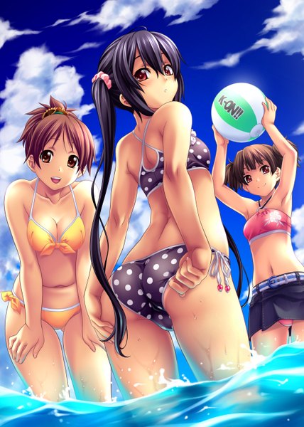 Anime picture 2000x2800 with k-on! kyoto animation nakano azusa hirasawa ui suzuki jun nagayori long hair tall image blush highres short hair open mouth light erotic black hair smile brown hair twintails multiple girls brown eyes sky