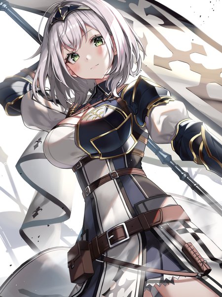 Anime picture 1536x2048 with virtual youtuber hololive shirogane noel shirogane noel (1st costume) masyu jyaga single tall image looking at viewer blush fringe short hair breasts hair between eyes large breasts green eyes silver hair from below girl banner