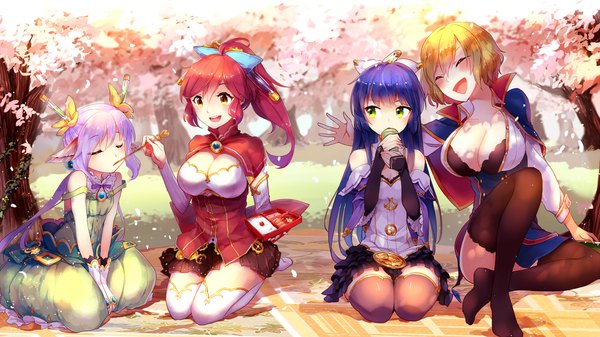 Anime-Bild 1920x1080 mit isekai karano nono ruri (isekai karano nono) miyu (isekai karano nono) nono (isekai karano nono) rena (isekai karano nono) yetworldview kaze long hair blush fringe highres breasts open mouth light erotic blonde hair smile hair between eyes wide image large breasts sitting bare shoulders