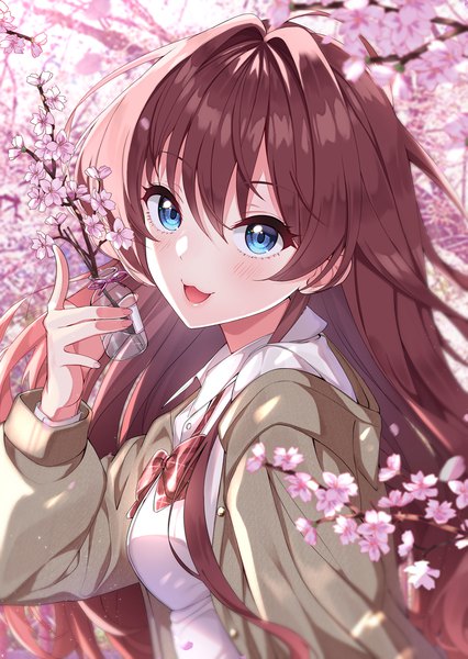 Anime picture 853x1200 with idolmaster idolmaster cinderella girls idolmaster cinderella girls starlight stage ichinose shiki sutoroa single long hair tall image looking at viewer blush fringe breasts open mouth blue eyes smile hair between eyes brown hair holding upper body long sleeves