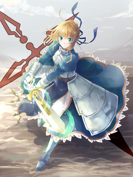Anime picture 1000x1333 with fate (series) fate/stay night fate/zero studio deen type-moon artoria pendragon (all) saber tall image looking at viewer fringe blue eyes blonde hair standing holding light smile glowing looking up dress gloves ribbon (ribbons)